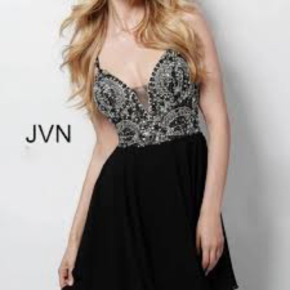 JVN by Jovani Navy Embellished Bodice Chiffon Formal Dress Navy, Size 4